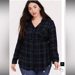 Torrid Dark Green & Navy Plaid Twill Babydoll Tunic Size 0 (L)